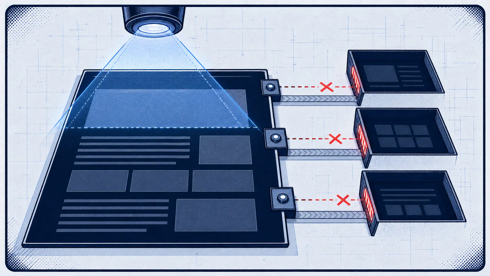 Light-field comic panel showing a scan beam reading a webpage while unreachable content compartments stay blocked behind interaction gates.