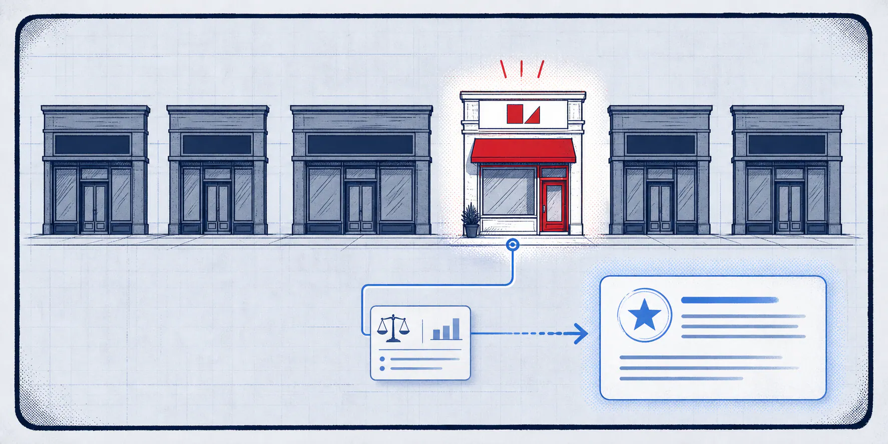 Light-field comic panel showing one distinct law firm storefront selected from a row of generic storefronts and connected to an AI answer panel.