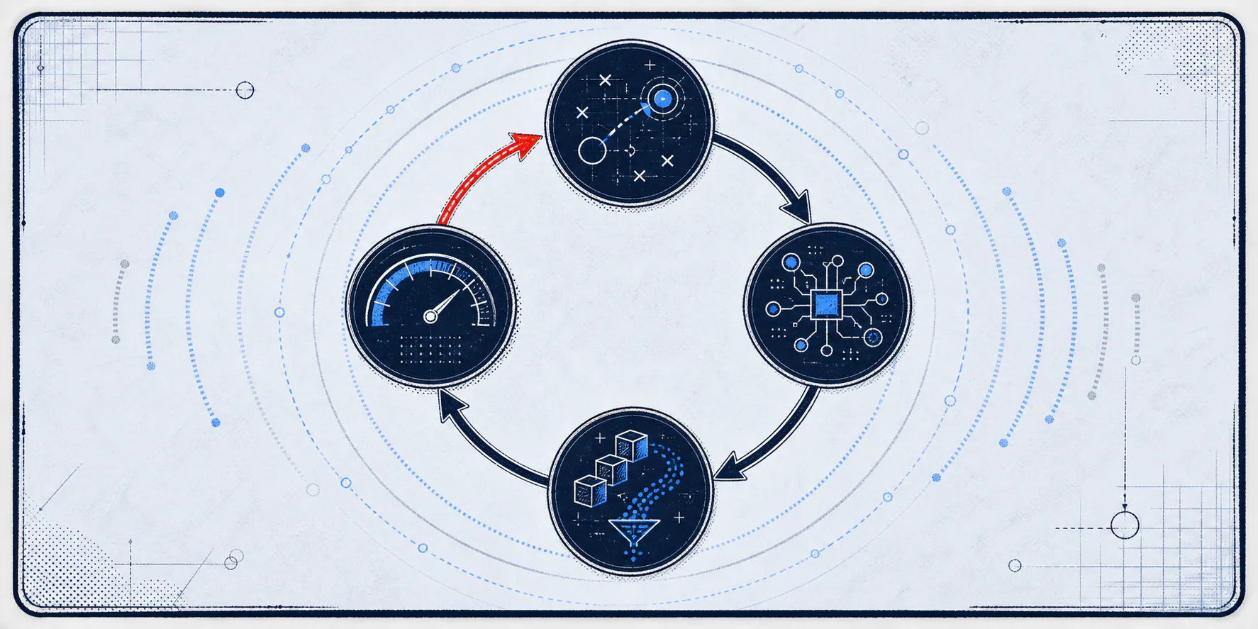 Light-field comic panel showing four circular system nodes connected in a feedback loop with a red return arrow and subtle compounding echoes.